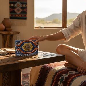 Street Level boho canvas purse with orange and yellow beads and concho